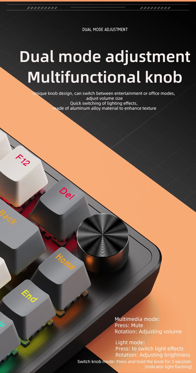 75% Mechanical Keyboard Wired with Media Knob APAYADO Black Gaming Keyboard Hot-Swap ABS Cap Transparent Character Backlighting