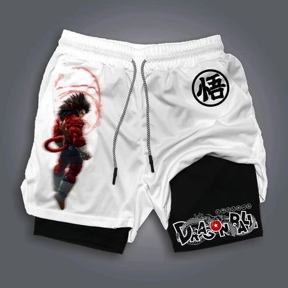Pantalones cortos de moda con estampado de dragón y Goku del anime, de doble capa, lo último en primavera y verano: pantalones deportivos holgados y transpirables para hombre.