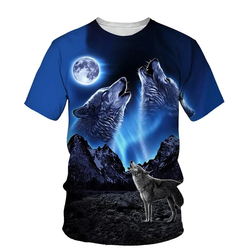 Dierenpatroon met wolf, 3D-print, heren-T-shirt met ronde hals, modieuze T-shirts, casual, korte mouwen, oversized, Y2K, Harajuku, unisex-kleding