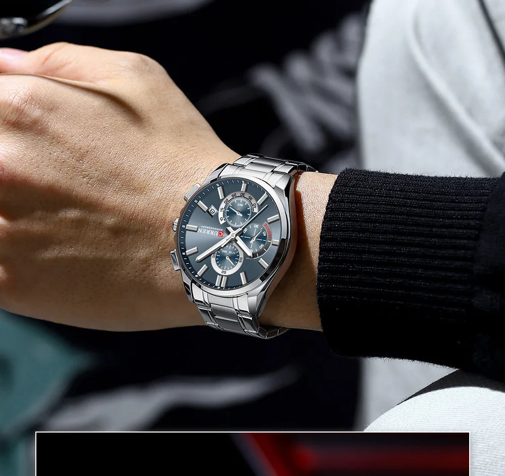 Montre homme CURREN, marque de luxe, originale, étanche, en acier inoxydable, chronographe, phase de lune, date, cadran rotatif