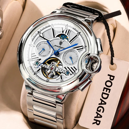 Ceas pentru bărbați POEDAGAR, stil luxos și profesional, cu afișaj al datei și al zilei, tourbillon, carcasă din oțel inoxidabil, mecanism mecanic automat și rezistență la apă.