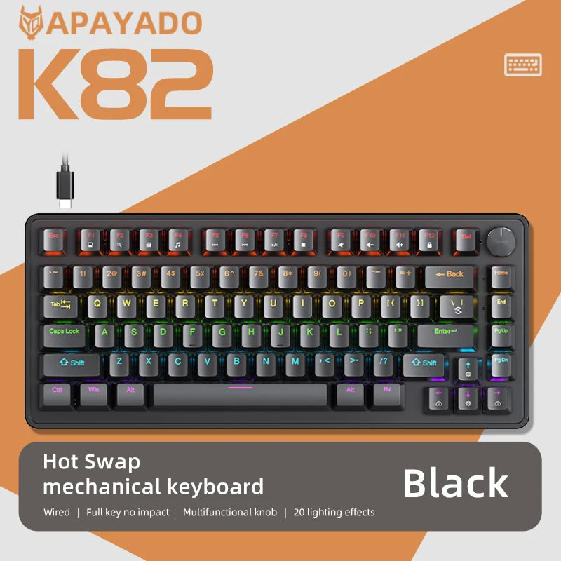 75% Mechanical Keyboard Wired with Media Knob APAYADO Black Gaming Keyboard Hot-Swap ABS Cap Transparent Character Backlighting