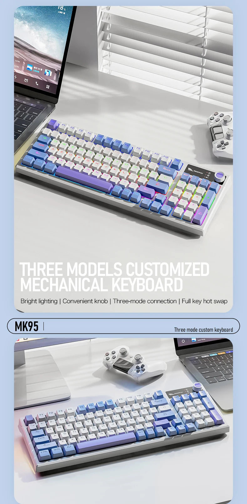SMAILWOLF MK95 Bluetooth Wireless Korean Customized Mechanical Keyboard e-Sports 3 Modes Laptop Office Game Full Key Hot Swappable RGB Lighting Effects