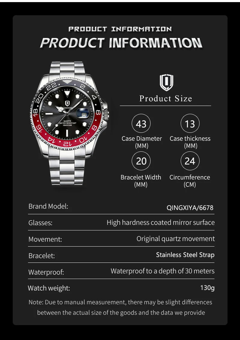 QINGXIYA Luxe herenhorloges met kwartsmechanisme, roestvrij staal, waterdicht, verlicht, datumweergave, herenpolshorloge, reloj hombre