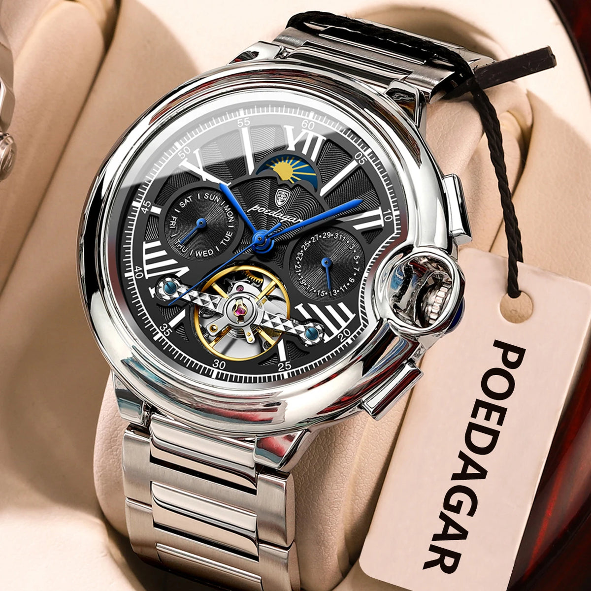 Ceas pentru bărbați POEDAGAR, stil luxos și profesional, cu afișaj al datei și al zilei, tourbillon, carcasă din oțel inoxidabil, mecanism mecanic automat și rezistență la apă.