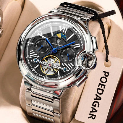 Ceas pentru bărbați POEDAGAR, stil luxos și profesional, cu afișaj al datei și al zilei, tourbillon, carcasă din oțel inoxidabil, mecanism mecanic automat și rezistență la apă.