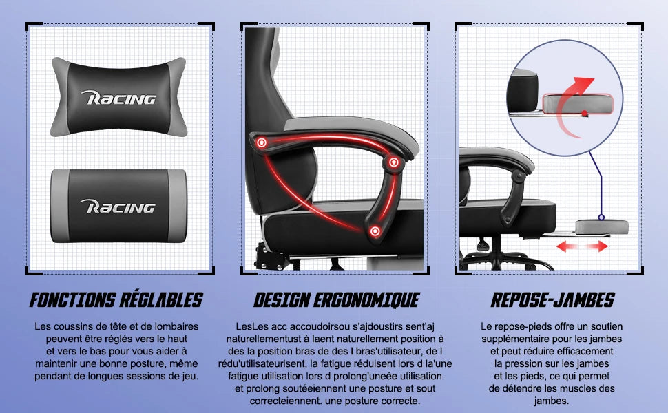 Daccormax Ergonomic Gaming Chair with Footrest, 170° Reclining PU Leather Racing Chair with Lumbar Support, Headrest & Office Comfort