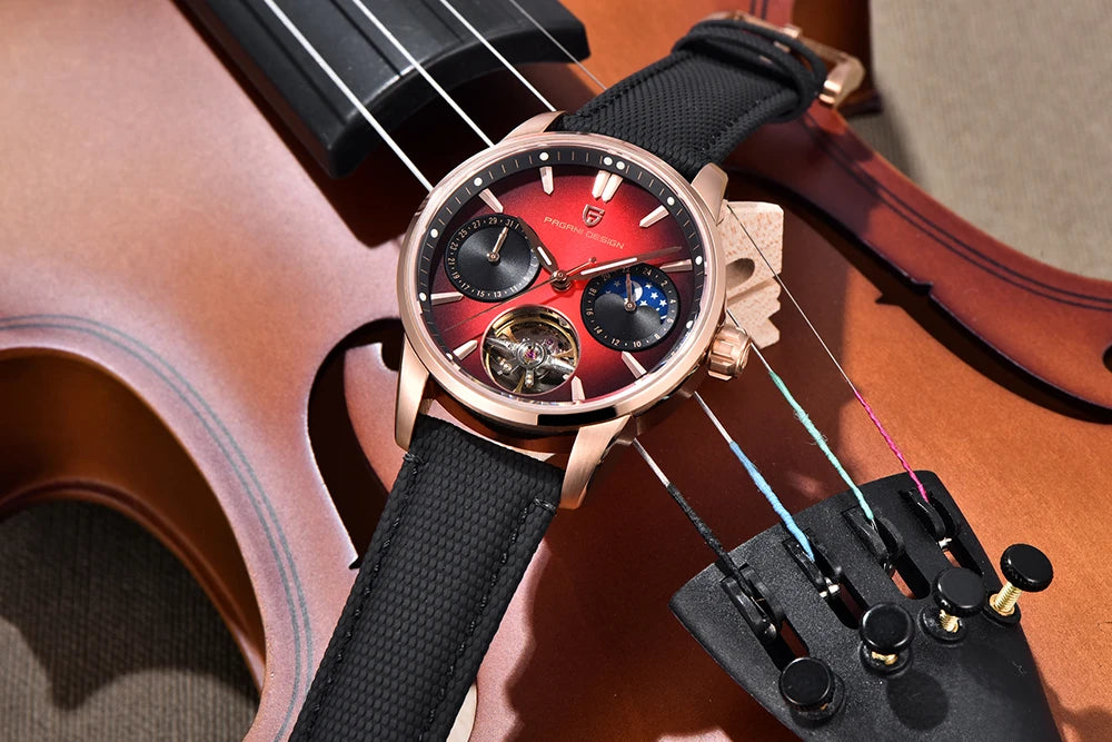 PAGANI DESIGN – Ceas mecanic de lux pentru bărbați, 41 mm, sticlă de safir, curea din piele, rezistent la apă, stil pilot, cu turbilion și fază lunară