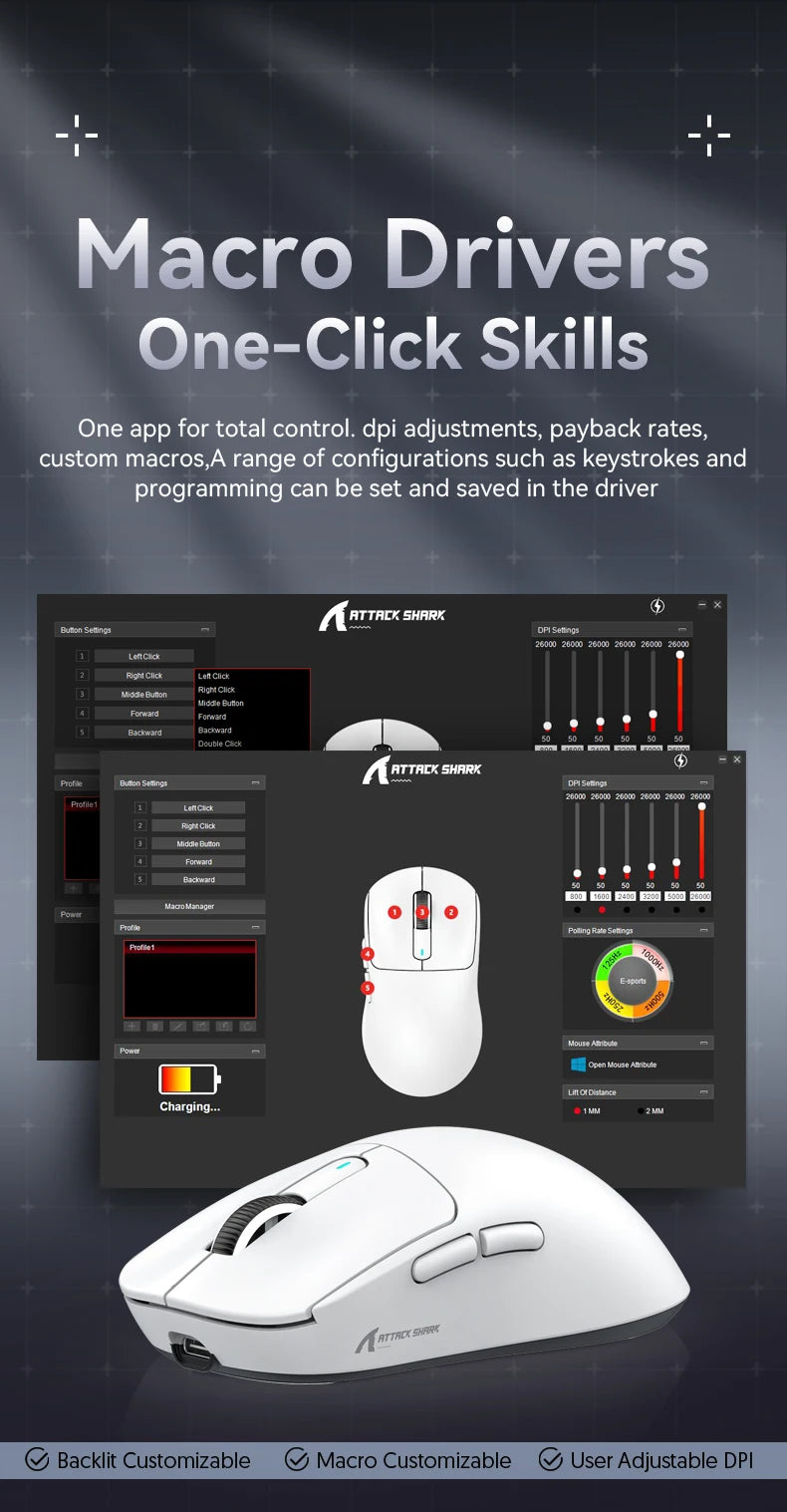 X3 Gaming Mouse Wireless ATTACK SHARK, punainen, 4K-palautusnopeus, Bluetooth Tri-Mode -yhteys, PAW3395, makroilla varustettu Bluetooth-pelihiiri
