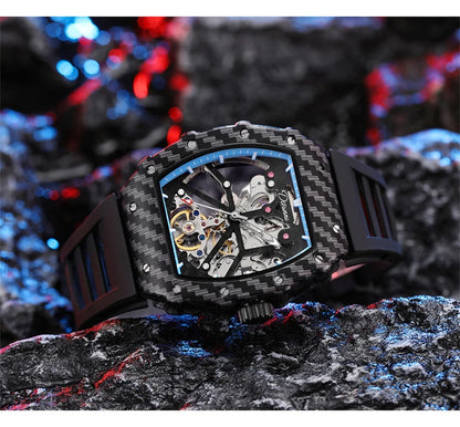 Tourbillion Mechanical Watch for Men Silicone Strap Skeleton Tonneau Automatic Mens Watches Top Brand Luxury Reloj Hombre
