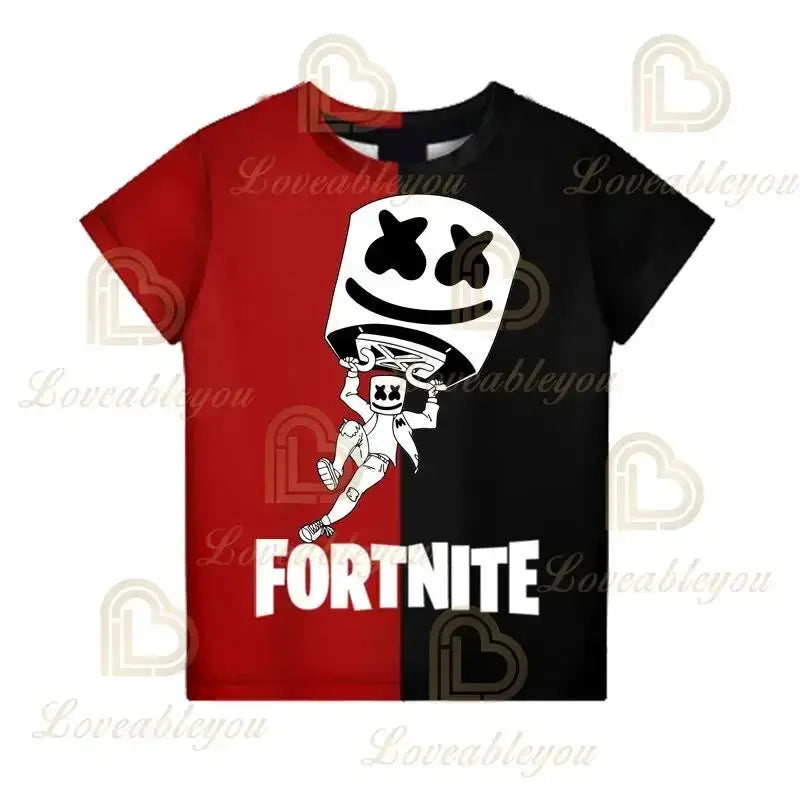 T-shirt infantil de verão Cartoon Fortnite com impressão 3D, para meninos e meninas, estilo streetwear, roupa para adultos e crianças, t-shirt divertida com gola redonda
