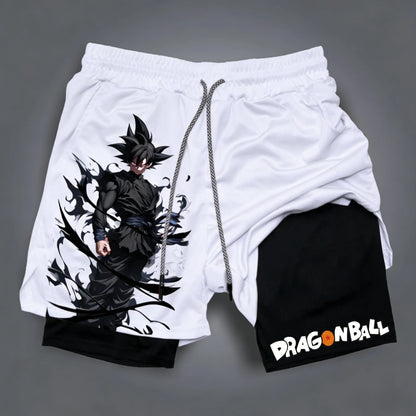 Pantalones cortos de doble capa para hombre de Dragon Ball, Son Goku, verano, anime japonés, imitación, dos piezas, deportivos, fitness, de secado rápido
