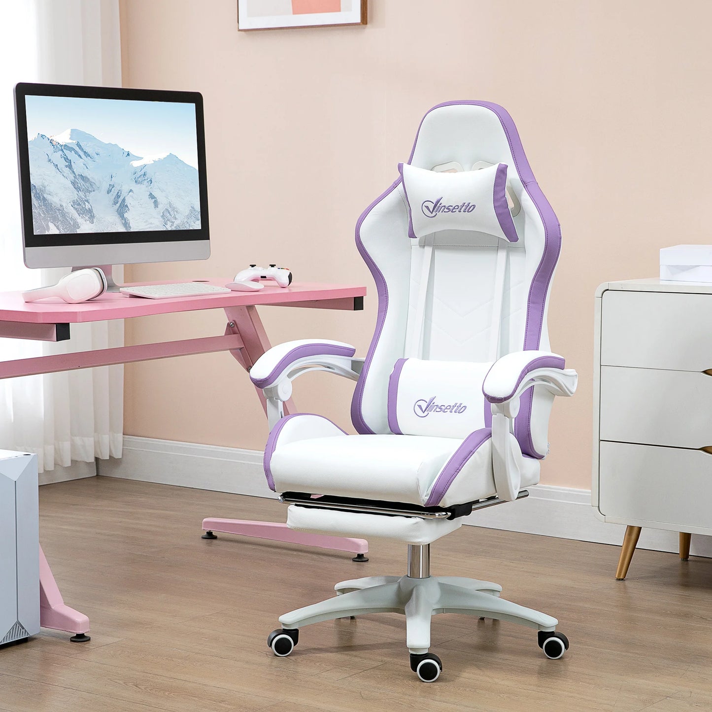 Vinsetto Gaming Chair PU Leather Gamer Chair Adjustable Height Reclining 135° Headrest and Footrest 65X65X121-129 cm White