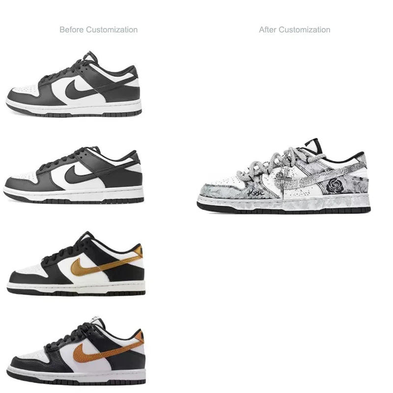 Sneakers personalizzate Nike Dunk "Silver Bloom Rose" con effetto Ink Wash & Splatter, scarpe da skate unisex basse resistenti all'usura