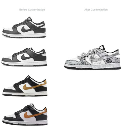 Sneakers personalizzate Nike Dunk "Silver Bloom Rose" con effetto Ink Wash & Splatter, scarpe da skate unisex basse resistenti all'usura