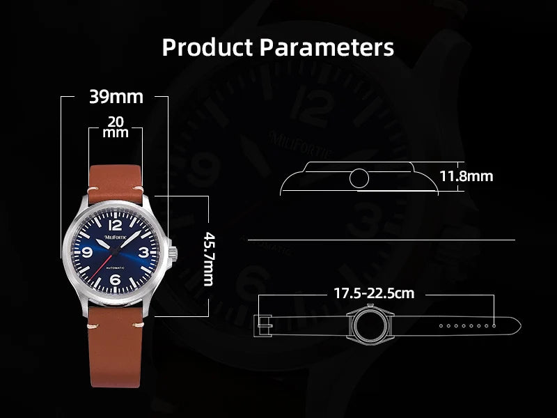 Milifortic Military Watch 39mm NH38 Automatic Mechanical Movement Retro Sapphire Crystal BGW9 Lume Leather Strap 10Bar Watch for Men