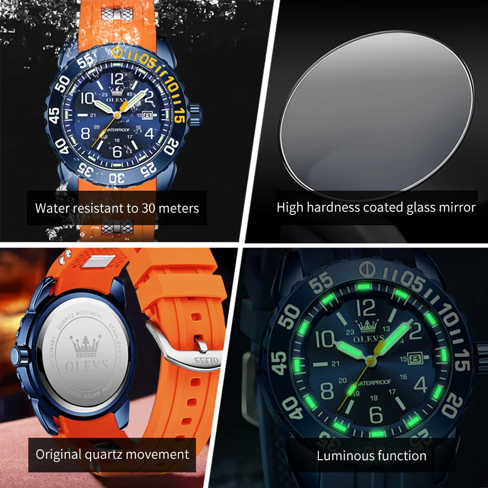 OLEVS Luxe herenhorloge met kwartsmechanisme, waterdicht, lichtgevend oranje siliconen band, sportieve herenhorloges in militaire stijl