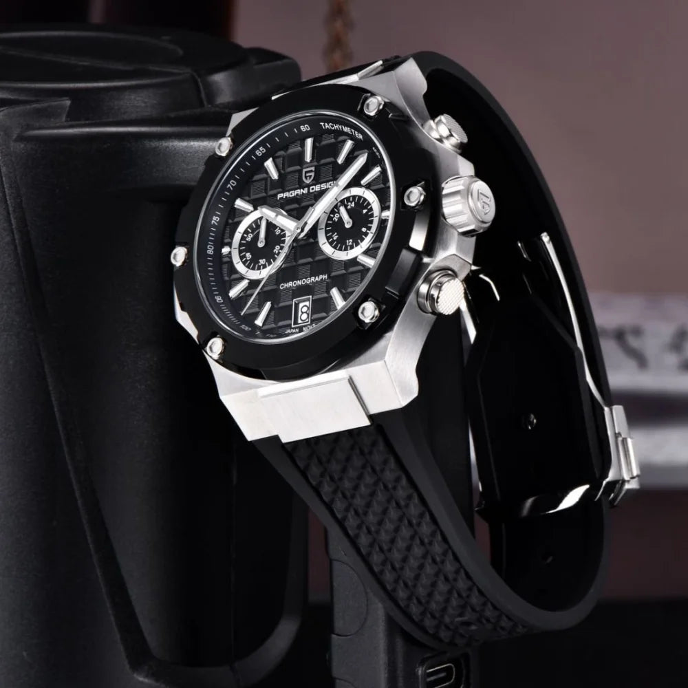 PAGANI DESIGN PD-YS032 Men's Quartz Watch 44mm Japan VK64 Movement Stainless Steel Case Rubber Strap Sapphire Glass 100M Waterproof