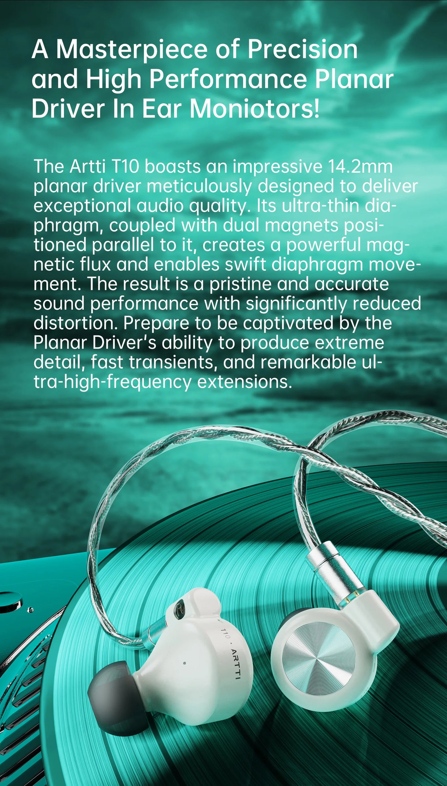 ARTTI T10 Planar Driver In-Ear HiFi Earphones, Wired IEM Monitors with 14.2mm Planar Driver, Detachable 0.78mm 2-Pin Cable, 3.5mm/4.4mm Audiophile Earbuds