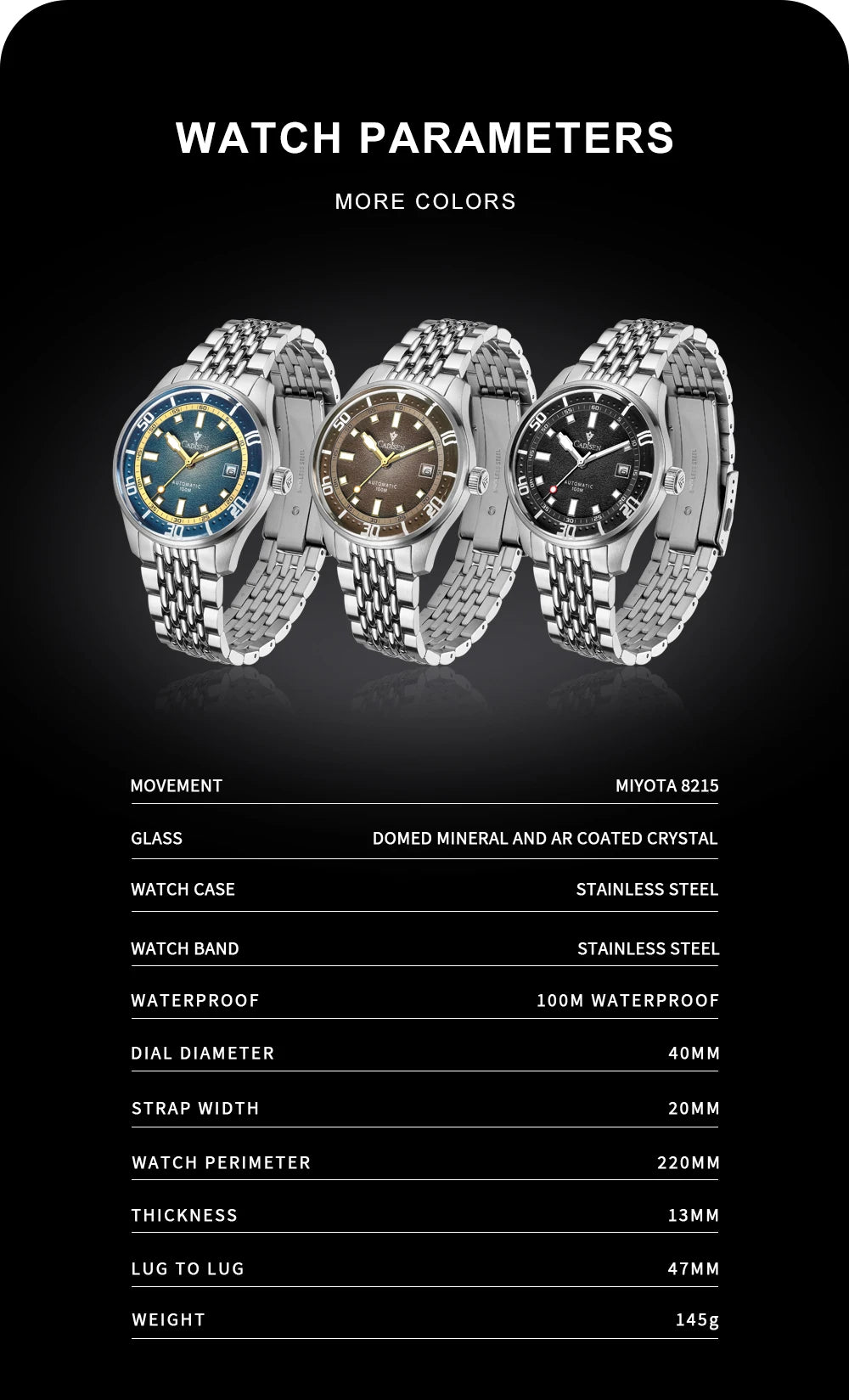 CADISEN Automatic Mechanical Watch Men's Silver Business Casual Waterproof Watch Japan MIYOTA 8215 Movement Domed Glass Men's Watch