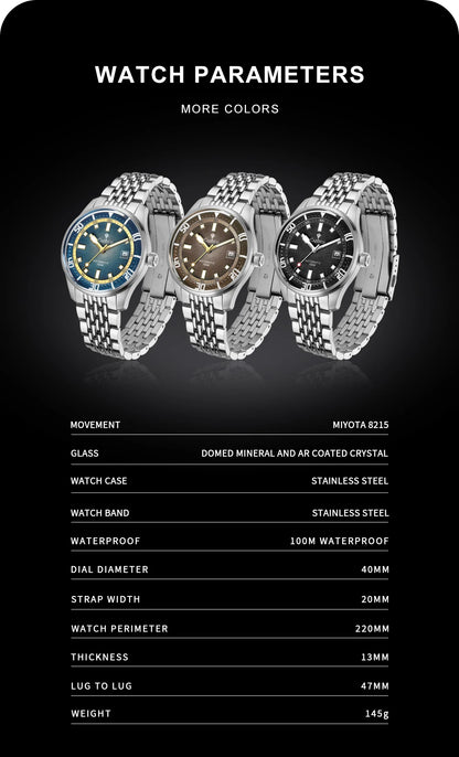 CADISEN Automatic Mechanical Watch Men's Silver Business Casual Waterproof Watch Japan MIYOTA 8215 Movement Domed Glass Men's Watch