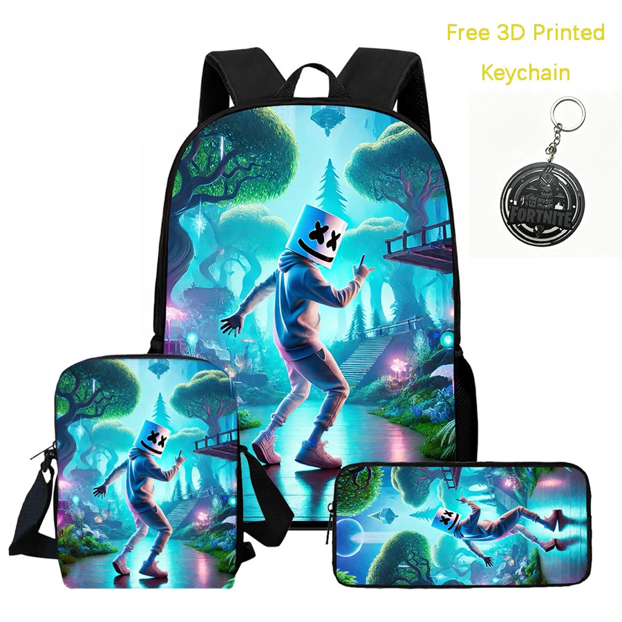 3Pcs Kids Backpack Set, Crossbody & Pencil Bag, FORTNITE Cartoon Bag, Lightweight for Boys Girls 5-10, Free 3D Printed Keychain