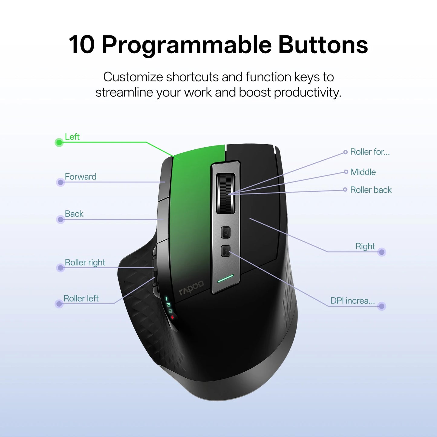 Rapoo 2026 New MT710L Multi-mode Rechargeable Wireless Mouse Ergonomic 4000 DPI Bluetooth Mouse Easy-Switch Up to 4 Devices