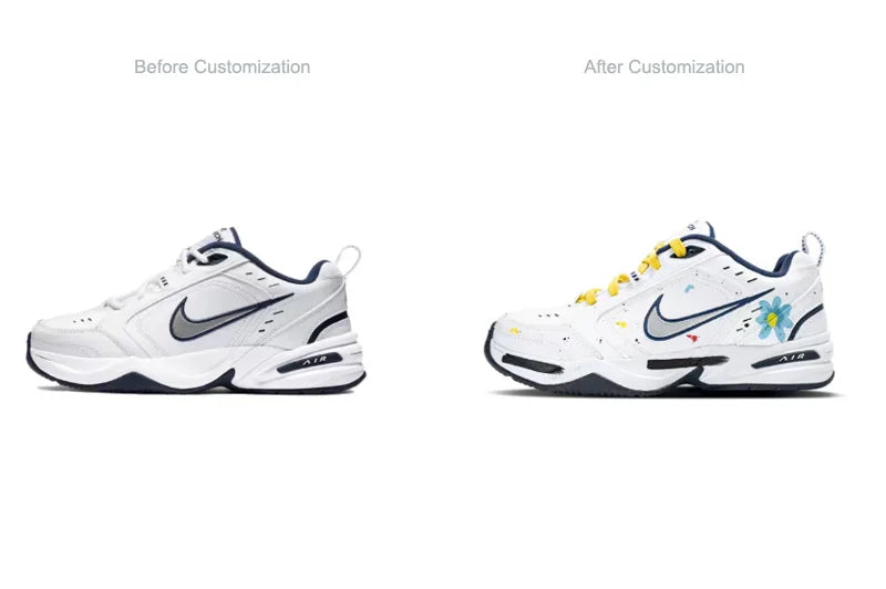 Sneakers personalizzate Nike Air Monarch 4 Crushed Ice Blue Floral Ink Splatter - Scarpe da corsa da uomo basse