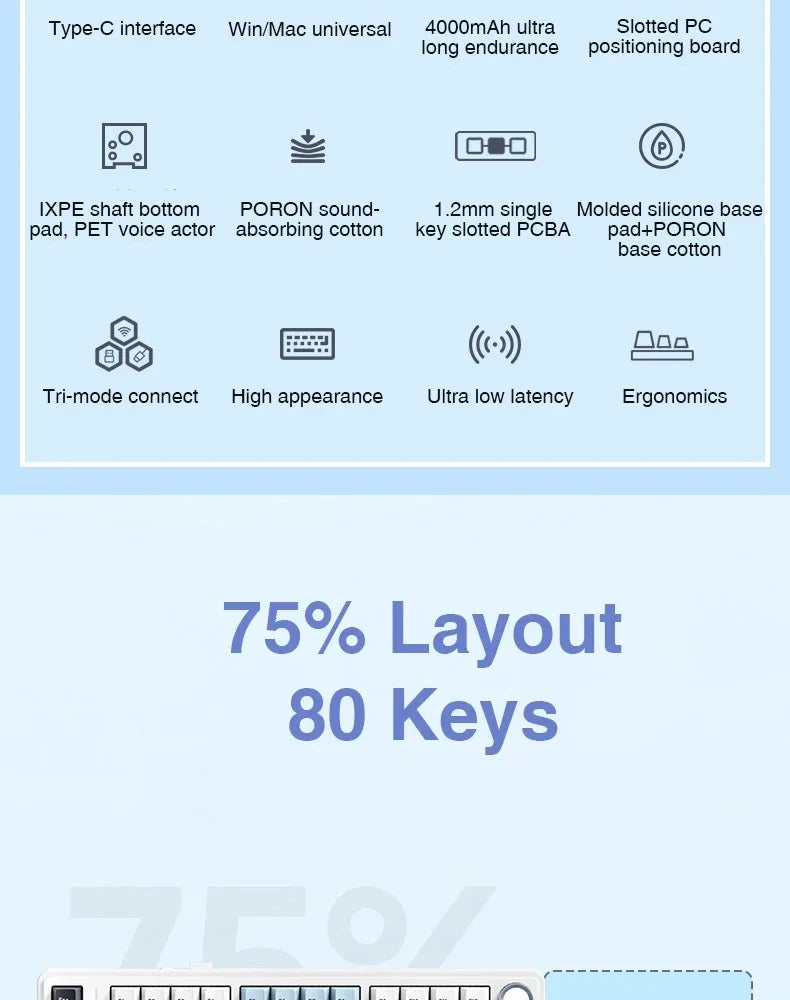 AULA F75 2.4G Wireless/Bluetooth/Wired Gaming Mechanical Keyboard RGB Customized 75% Layout OEM Profile Gasket PC Game Keyboard