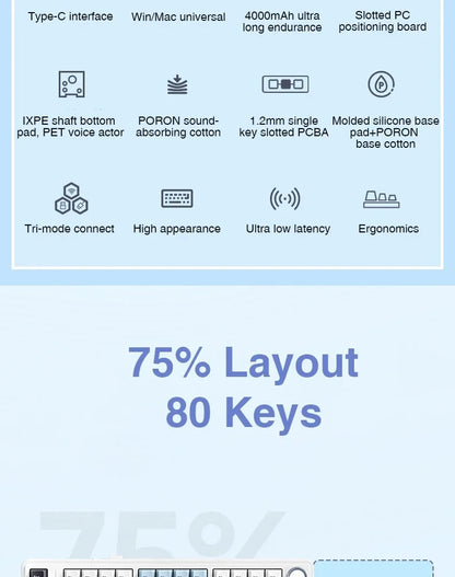 AULA F75 2.4G Wireless/Bluetooth/Wired Gaming Mechanical Keyboard RGB Customized 75% Layout OEM Profile Gasket PC Game Keyboard