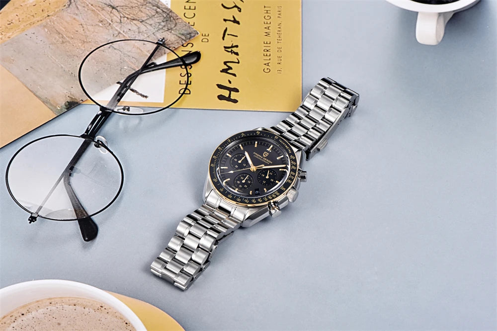 Relógio para homem PAGANI DESIGN «New Moon» – Relógio de quartzo de luxo, cronógrafo, vidro de safira com tratamento antirreflexo, luneta em cerâmica, ponteiros luminescentes