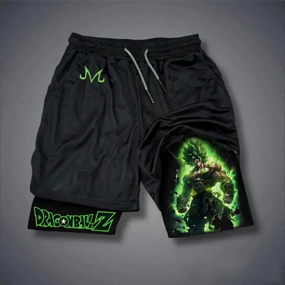 Pantalones cortos de Dragon Ball para hombre, de doble capa, 2-in-1 estilo Broly, de anime japonés, para verano y otoño, estilo «dos piezas», pantalones de chándal para gimnasio y fitness