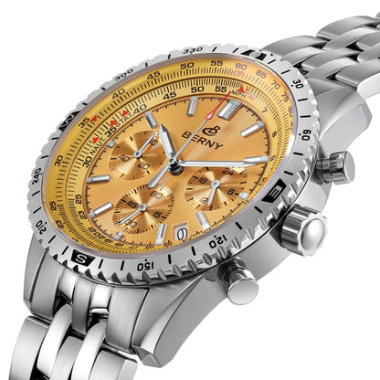Pánské hodinky BERNY Aviation – křemenný chronograf s datem, safírovým sklem a ultraluminiscenční vrstvou – elegantní hodinky luxusní značky