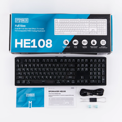 EPOMAKER HE108 100 % ANSI US QWERTY -asettelulla varustettu langallinen/BT/2,4 GHz langaton Hall-efektipohjainen mekaaninen näppäimistö, jossa on SOCD/DKS- ja Rapid Trigger -ominaisuudet
