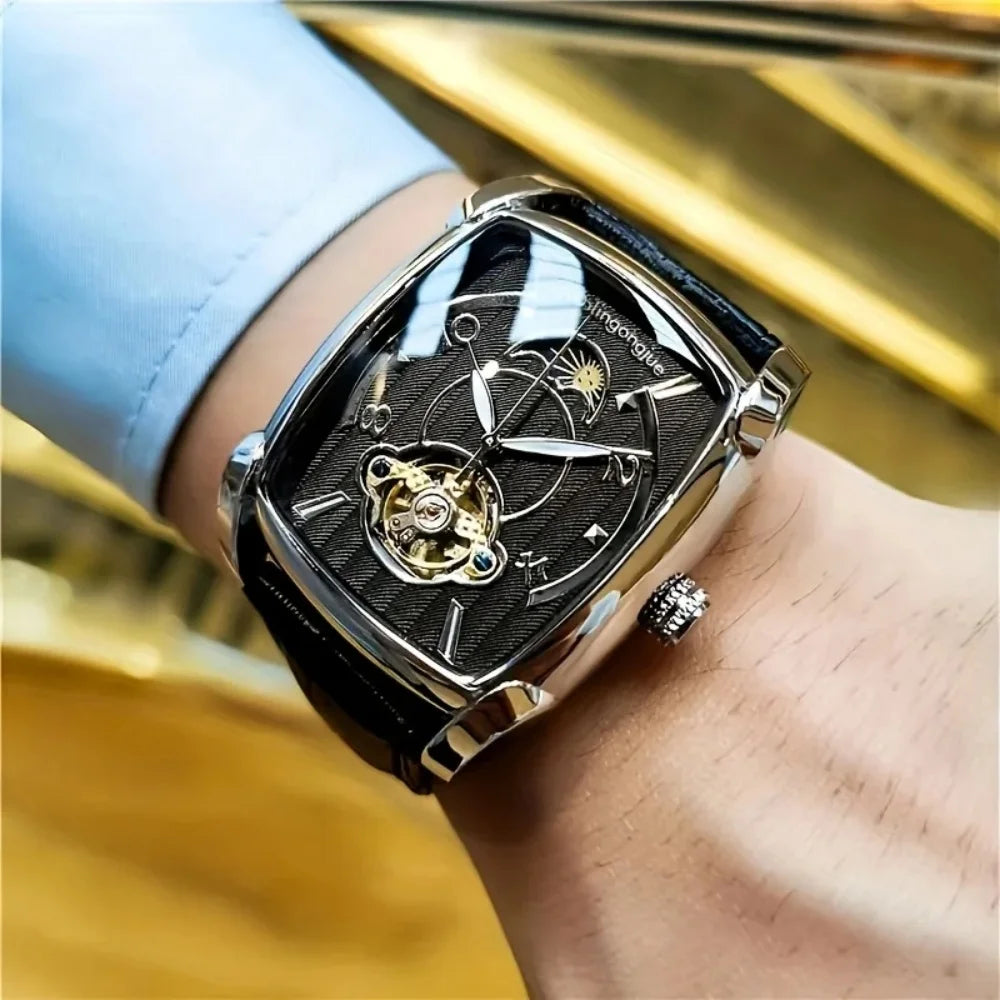 [Relógio mecânico de luxo com turbilhão] Relógio mecânico de luxo com turbilhão, leve, para homem – Modelo topo de gama totalmente automático, com o estilo «esqueleto» em voga, ideal para um look profissional ou