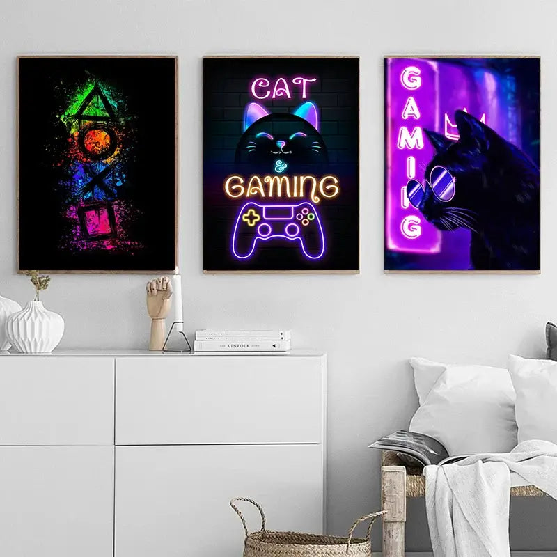 Poster „Nordic Cat and Gaming Controller Quotes“ – moderne Leinwandmalerei als Wandkunst und Wandbild für die Zimmerdekoration von Gamer-Jungen und -Mädchen (nicht Neon)