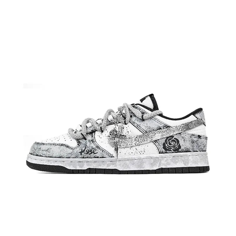 Sneakers personalizzate Nike Dunk "Silver Bloom Rose" con effetto Ink Wash & Splatter, scarpe da skate unisex basse resistenti all'usura