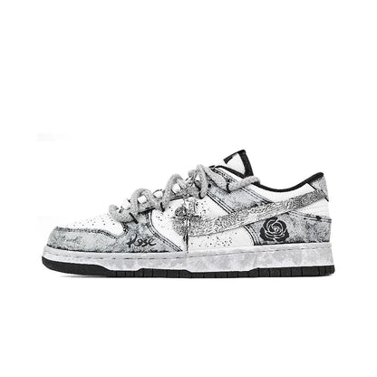 Sneakers personalizzate Nike Dunk "Silver Bloom Rose" con effetto Ink Wash & Splatter, scarpe da skate unisex basse resistenti all'usura
