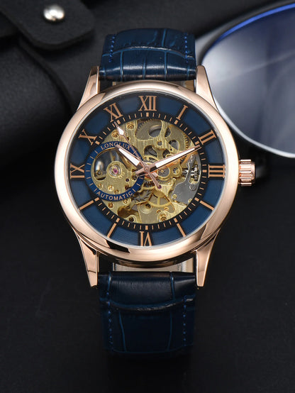Automatikuhr für Herren, Luxusausführung, Zifferblatt mit römischen Ziffern, sichtbares Uhrwerk (Skelett), wasserdicht, leuchtende Zeiger, Lederarmband – Eine ideale Wahl als Geschenk.
