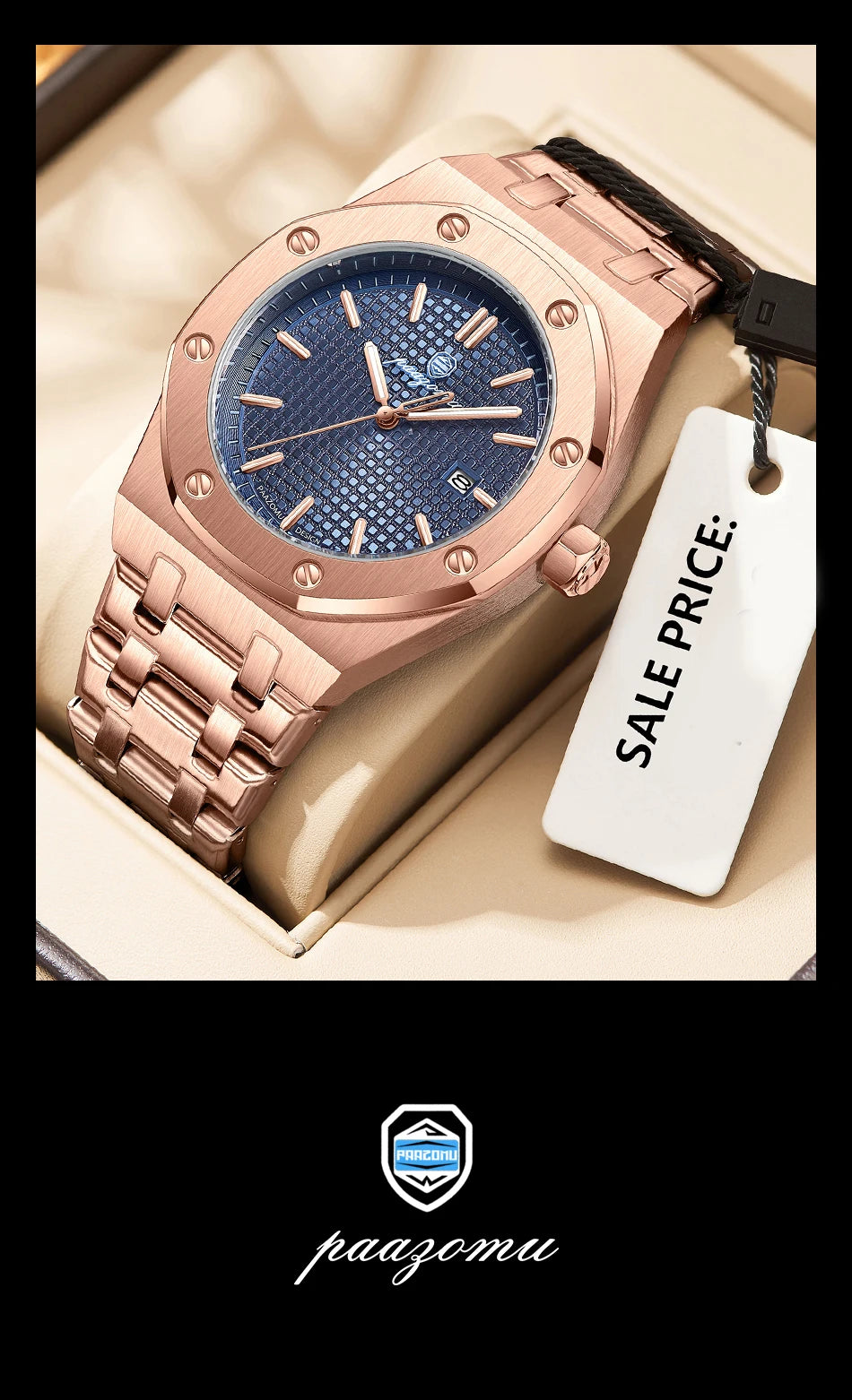 PAAZOMU Luxe vierkant herenhorloge met quartz, waterdicht, verlicht datumvenster, herenhorloge van roestvrij staal, zakelijke herenhorloges
