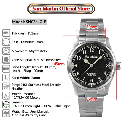 San Martin Simple Men's Watch 37mm Pilot Miyota 8215 Classic Military Explore Automatic Mechanical Watches Waterproof 100m