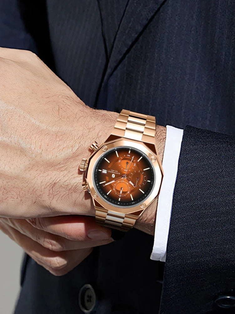 SAPPHERO Roségouden herenhorloge, modieus luxe horloge, roestvrijstalen horloge, waterdicht tot 50 m, herenhorloge, nieuwjaarscadeaus