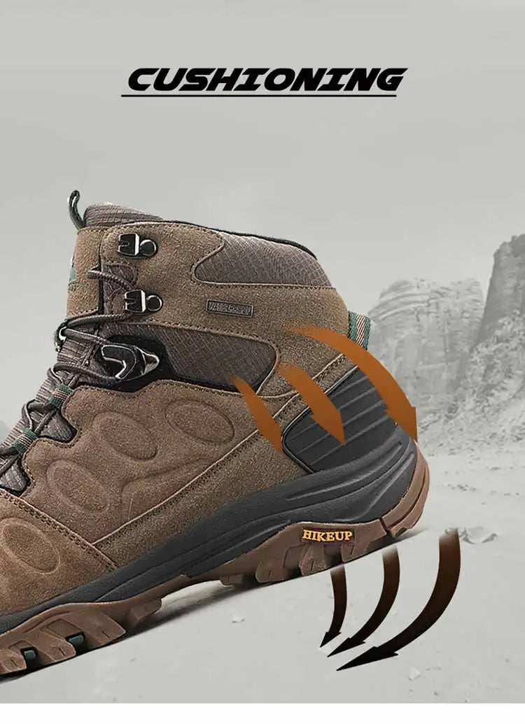 Botas de caminhada de cano alto para homem HIKEUP, calçado de inverno para exterior, com atacadores, antiderrapante, desportivo e casual, botas de trekking em camurça, quentes para homem
