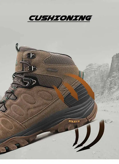 Botas de caminhada de cano alto para homem HIKEUP, calçado de inverno para exterior, com atacadores, antiderrapante, desportivo e casual, botas de trekking em camurça, quentes para homem