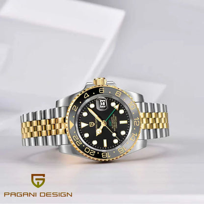 Relógio mecânico para homem Pagani Design GMT – Modelo de luxo com vidro de safira, caixa em aço inoxidável e luneta em cerâmica – Relógio automático para homem, estilo profissional