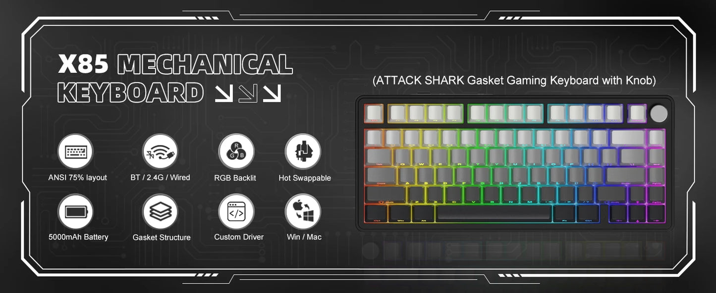ATTACK SHARK X85 Tri-mode Gasket 75% Mechanical Keyboard with CNC Knob, 5-Layer Padding, Hot Swappable, RGB Backlight, NKRO