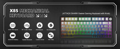 ATTACK SHARK X85 Tri-mode Gasket 75% Mechanical Keyboard with CNC Knob, 5-Layer Padding, Hot Swappable, RGB Backlight, NKRO