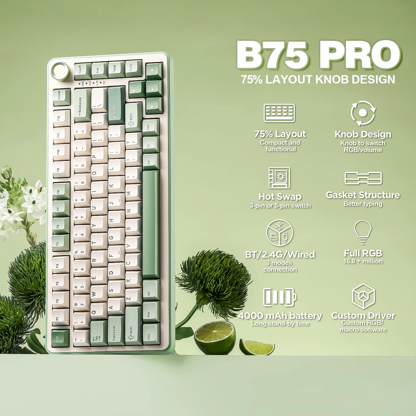 YUNZII B75 PRO Green Mechanical Gaming Keyboard, Gasket 75 Knob RGB Keyboard, BT/Wired/Wireless Hot-Swap Custom Creamy Keyboard