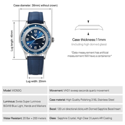 Watchdives WD50Q 38mm Watch Stainless Steel VH31 Sweep Seconds Quartz Movement Men Watches Bubble Sapphire Luminous Waterproof
