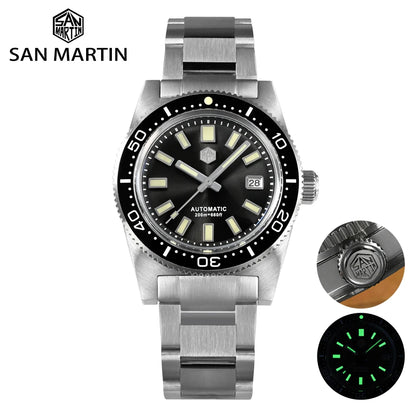 San Martin New 62mas 37mm Diver Men's Watch Classic Luxury Sapphire PT5000 SW200 Automatic Mechanical Watches Date 20Bar Luminous